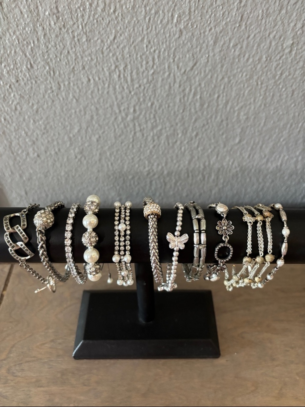 Sterling Silver-Tone Mixed Bracelet Set - White Pearls & Crystals